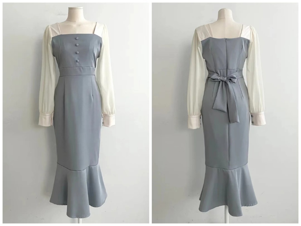 France style puff sleeve elegant pinched waist dress