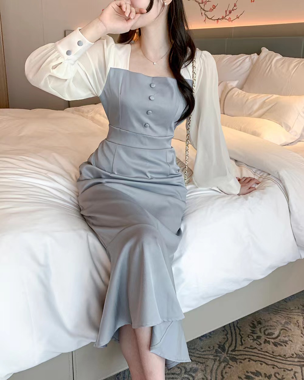 France style puff sleeve elegant pinched waist dress