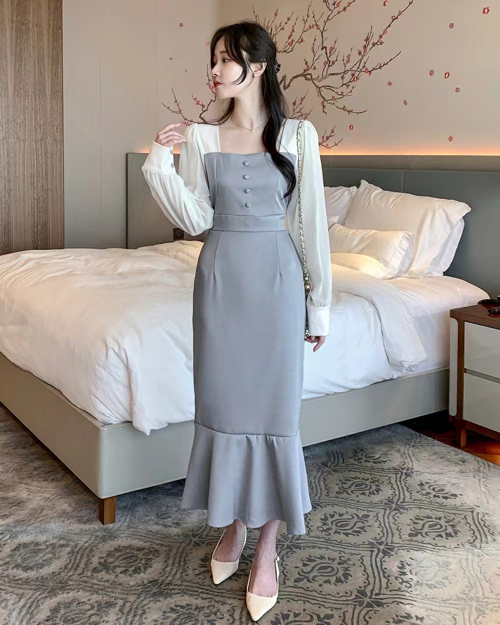 France style puff sleeve elegant pinched waist dress