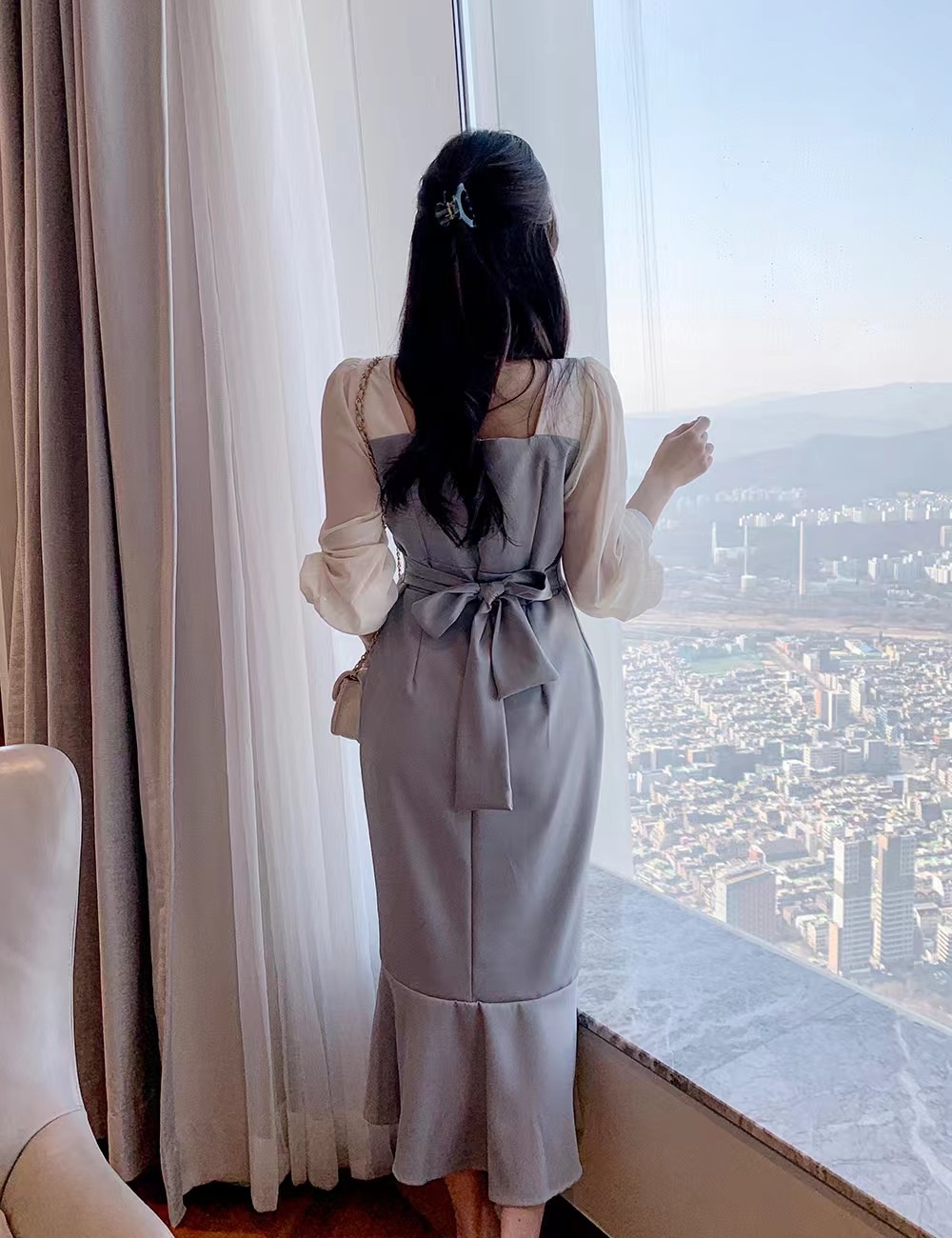 France style puff sleeve elegant pinched waist dress