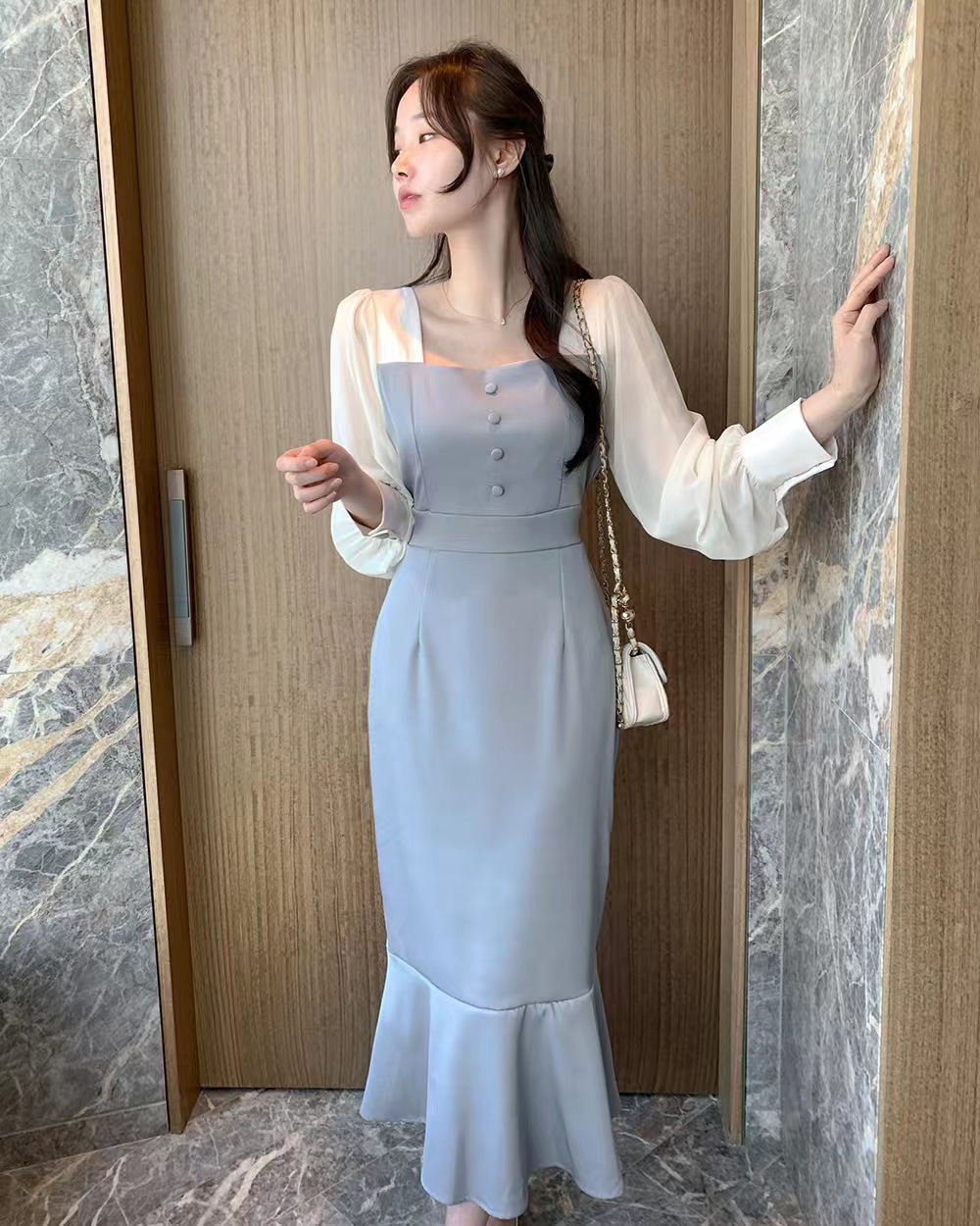 France style puff sleeve elegant pinched waist dress