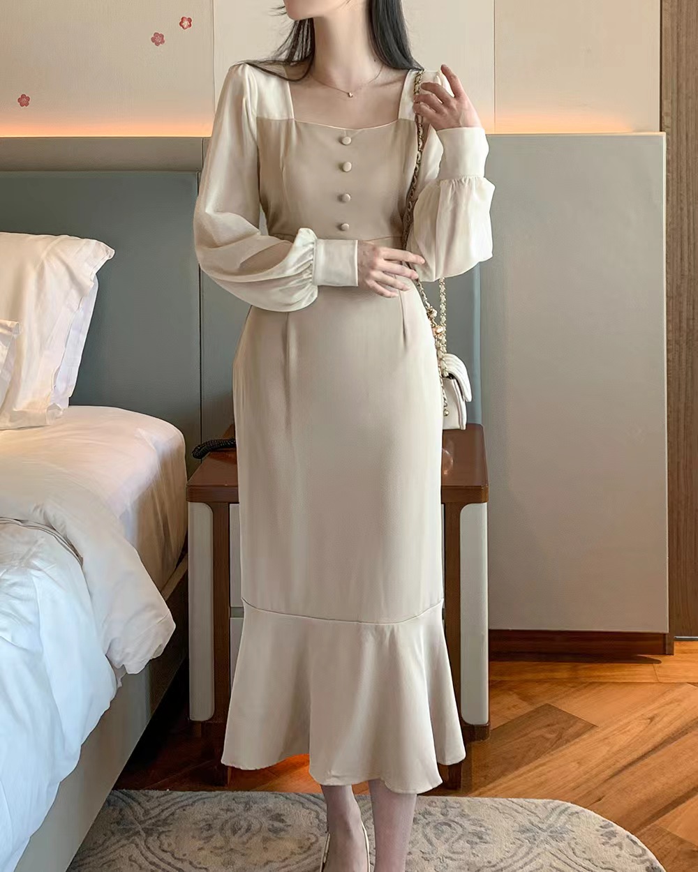 France style puff sleeve elegant pinched waist dress