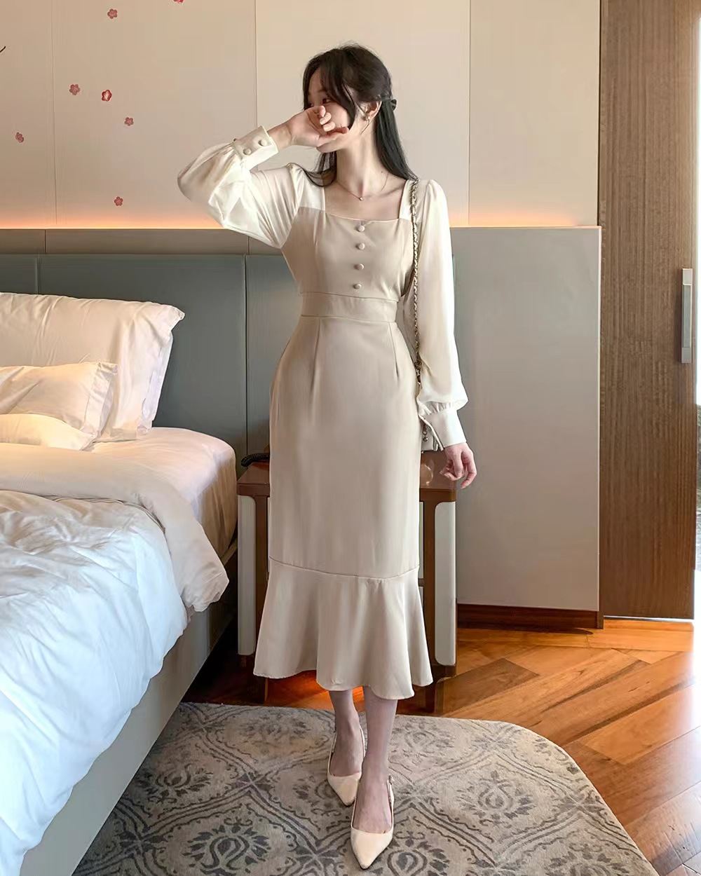 France style puff sleeve elegant pinched waist dress