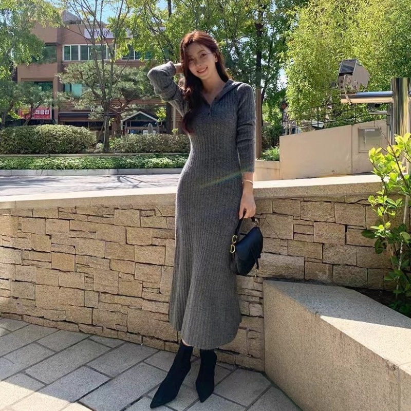 Bottoming Korean style hooded temperament long dress