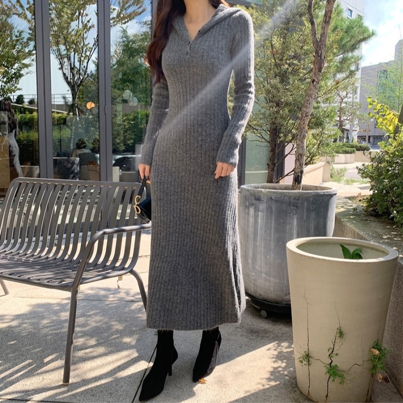 Bottoming Korean style hooded temperament long dress