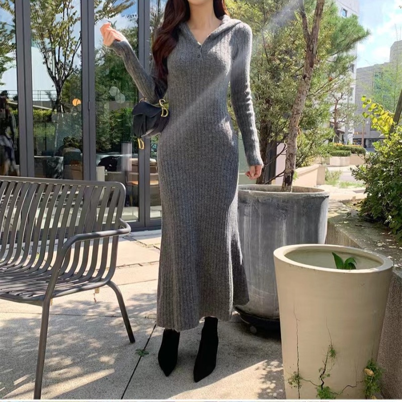 Bottoming Korean style hooded temperament long dress