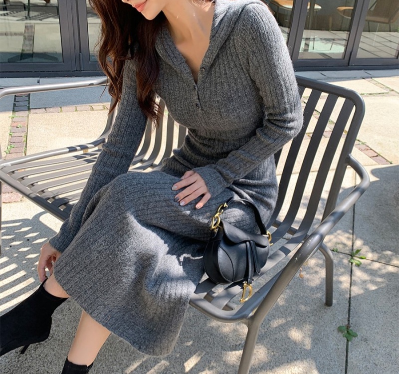 Bottoming Korean style hooded temperament long dress