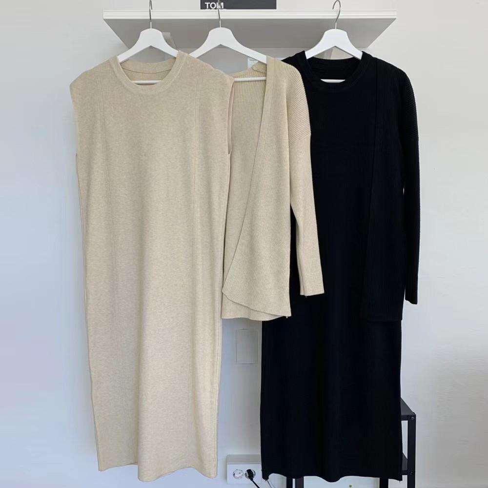 Korean style knitted cardigan long sleeve dress 2pcs set