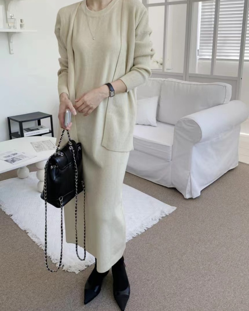 Korean style knitted cardigan long sleeve dress 2pcs set