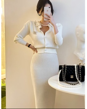 Temperament Korean style slim sweater niche knitted coat a set