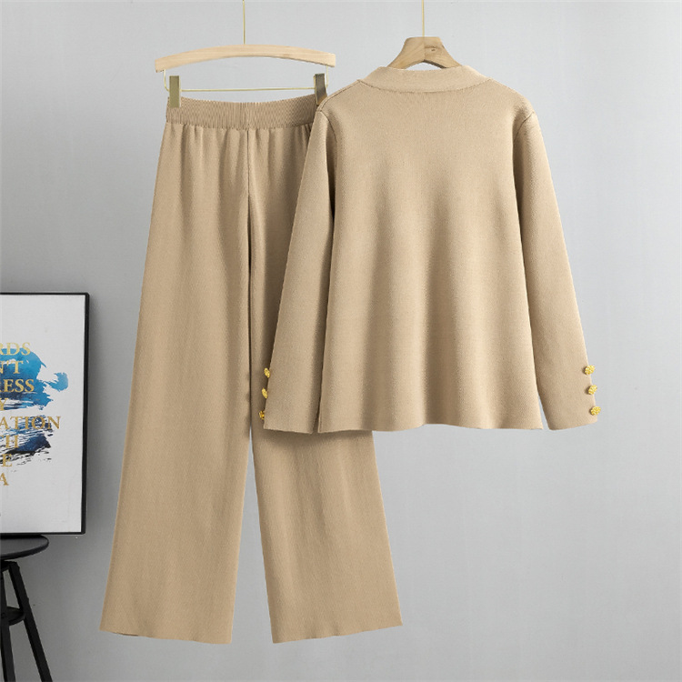 Big buckle sweater loose wide leg pants 2pcs set