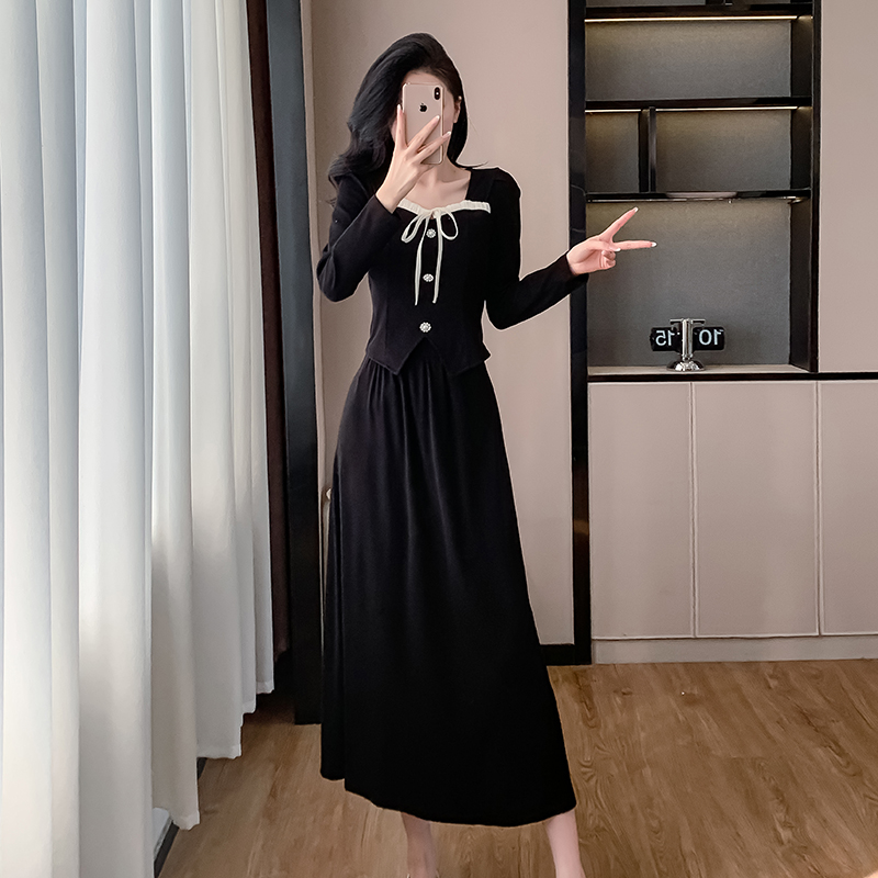 Knitted long bow sweet slim France style skirt 2pcs set