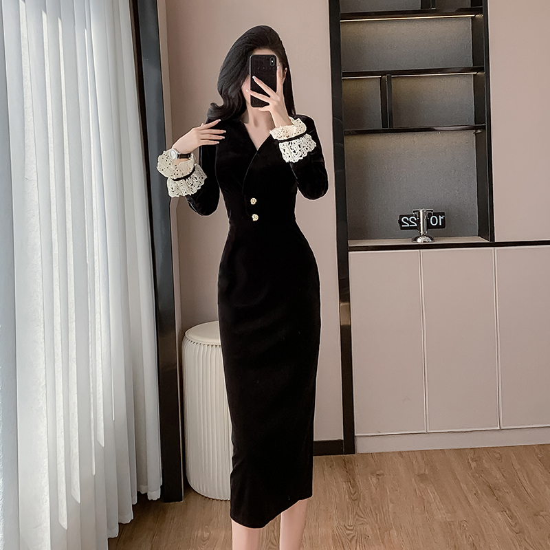 Pinched waist V-neck autumn long temperament dress