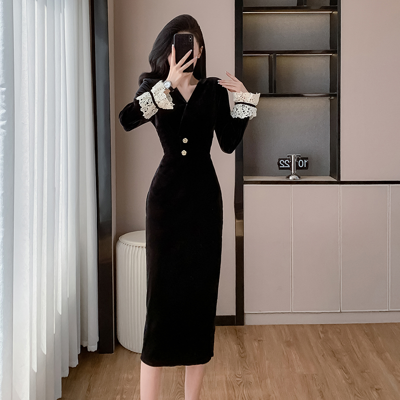 Pinched waist V-neck autumn long temperament dress