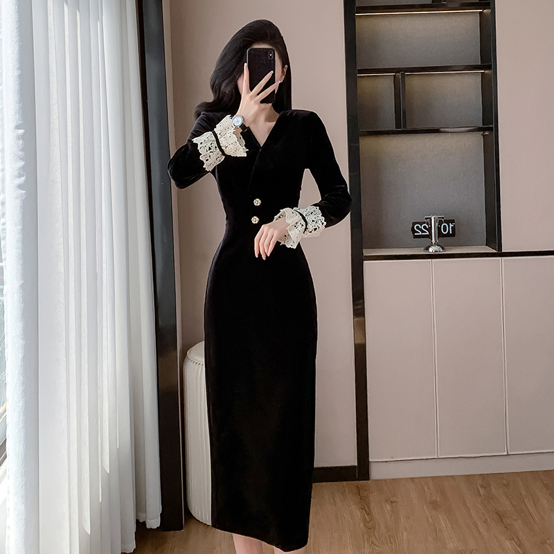 Pinched waist V-neck autumn long temperament dress