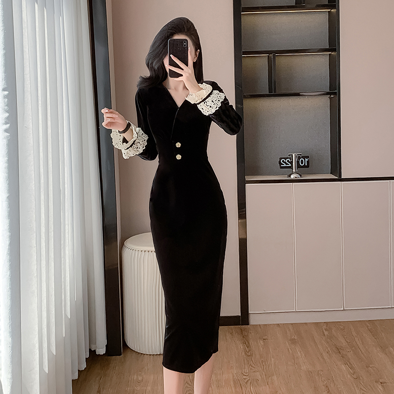 Pinched waist V-neck autumn long temperament dress