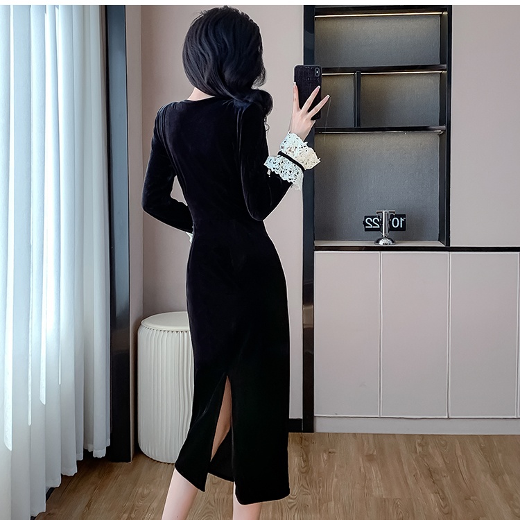 Pinched waist V-neck autumn long temperament dress