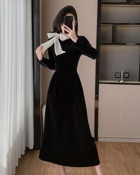 Ladies slim long autumn velvet bow Korean style dress