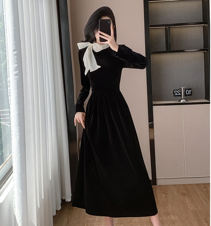 Ladies slim long autumn velvet bow Korean style dress