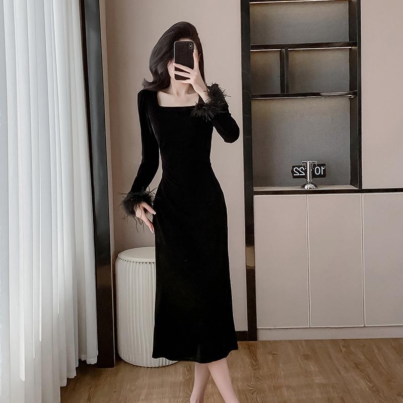 Slim ladies France style velvet temperament dress