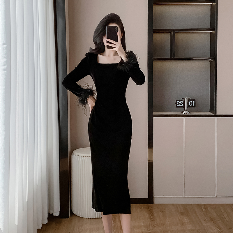 Slim ladies France style velvet temperament dress