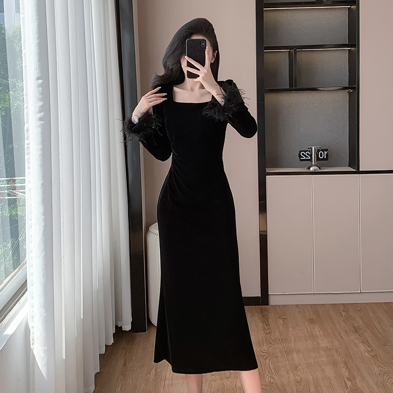 Slim ladies France style velvet temperament dress