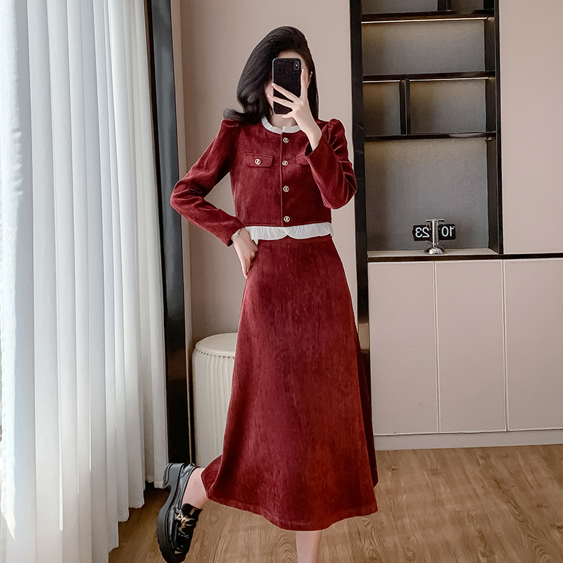 Chanelstyle long autumn and winter A-line skirt 2pcs set