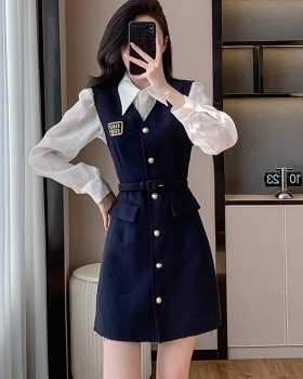 With belt autumn dress show young shirt 2pcs set