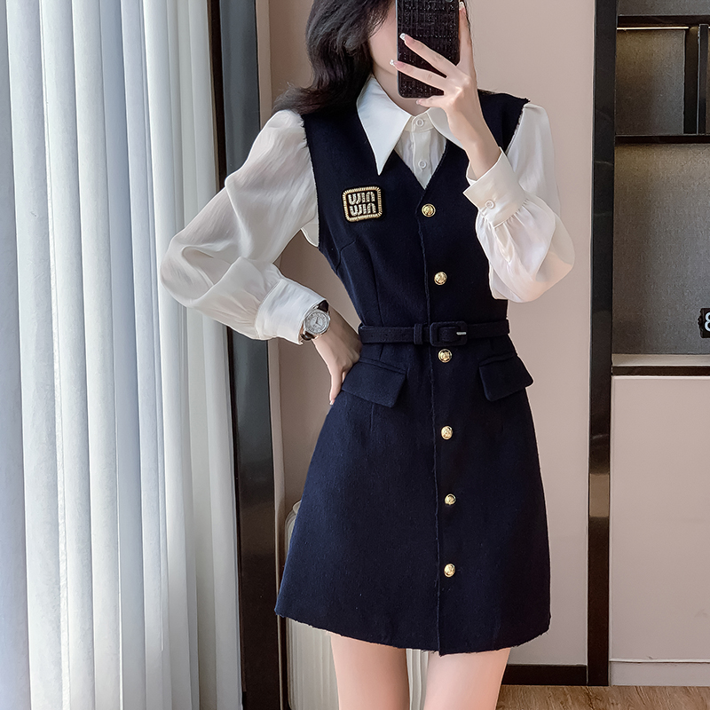 With belt autumn dress show young shirt 2pcs set