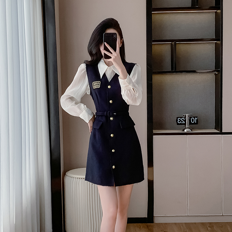 With belt autumn dress show young shirt 2pcs set