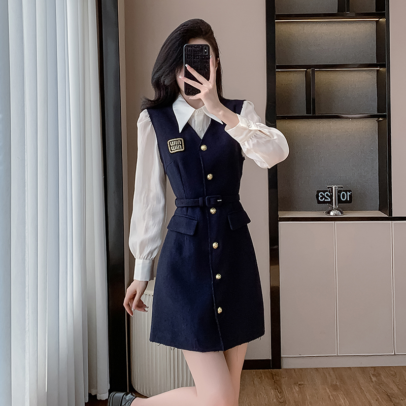 With belt autumn dress show young shirt 2pcs set