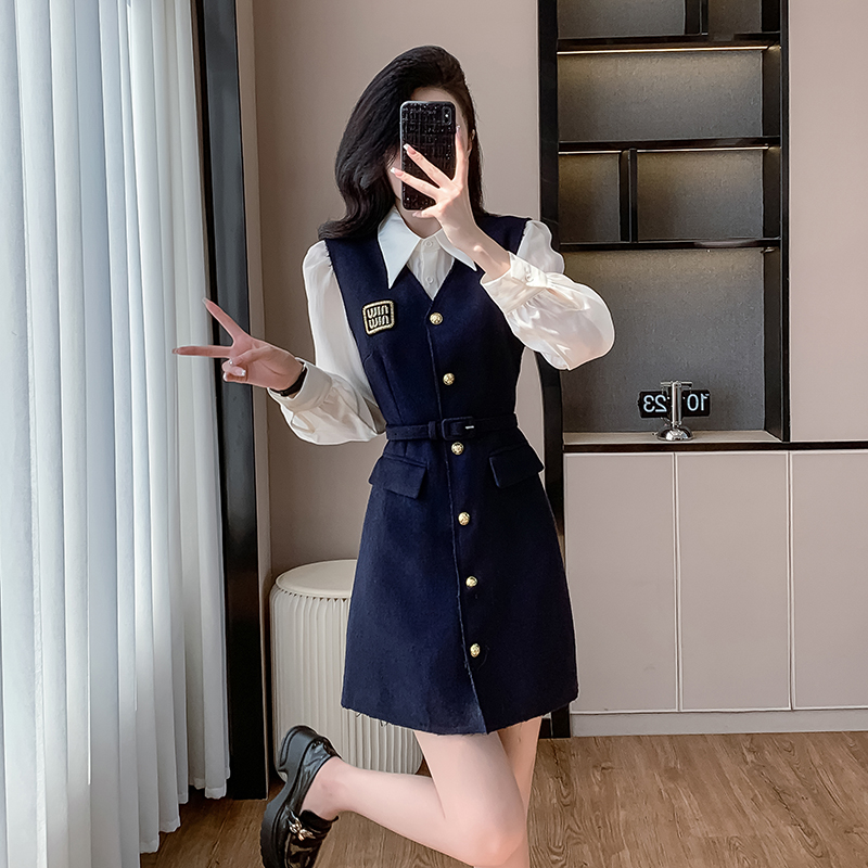 With belt autumn dress show young shirt 2pcs set