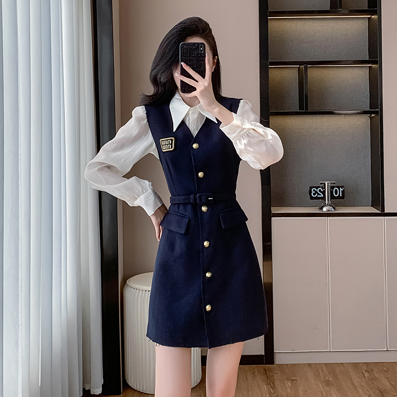 With belt autumn dress show young shirt 2pcs set