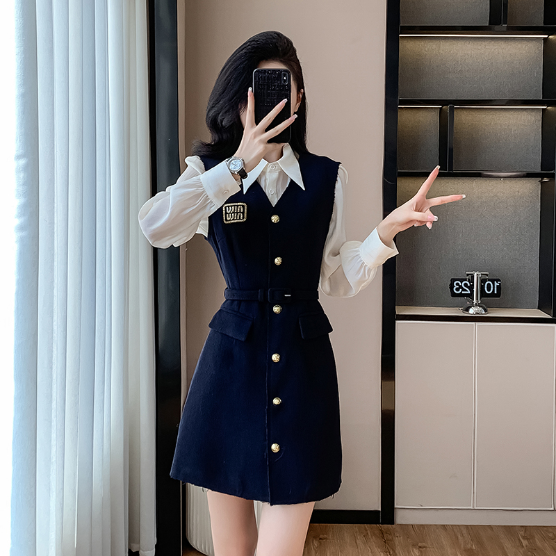 With belt autumn dress show young shirt 2pcs set