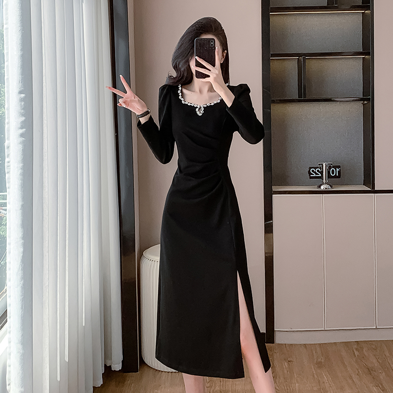 Long square collar slim elasticity France style fold dress