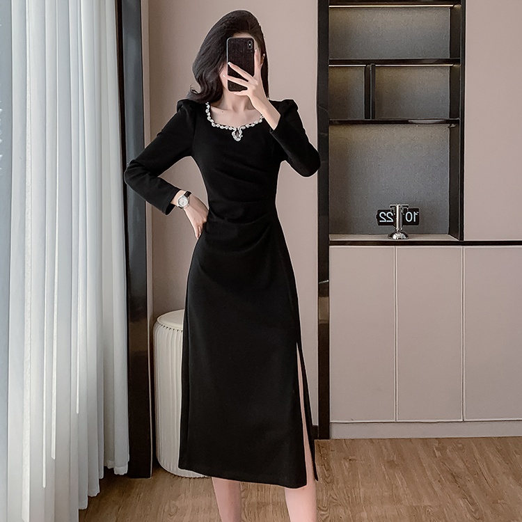 Long square collar slim elasticity France style fold dress