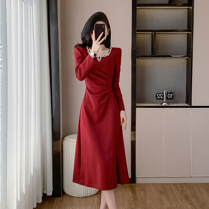 Long square collar slim elasticity France style fold dress