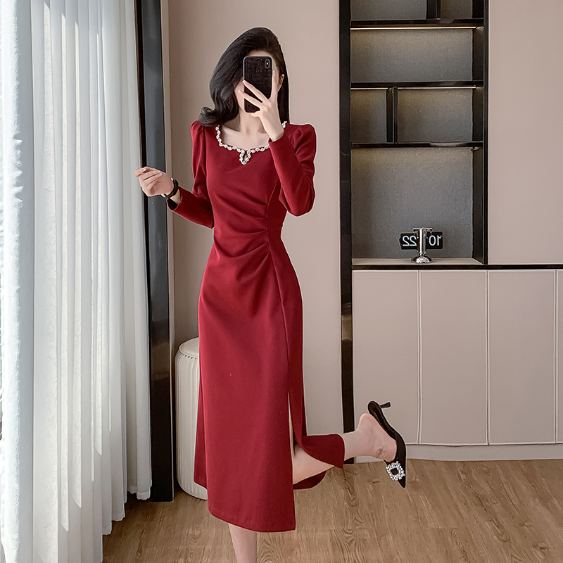 Long square collar slim elasticity France style fold dress