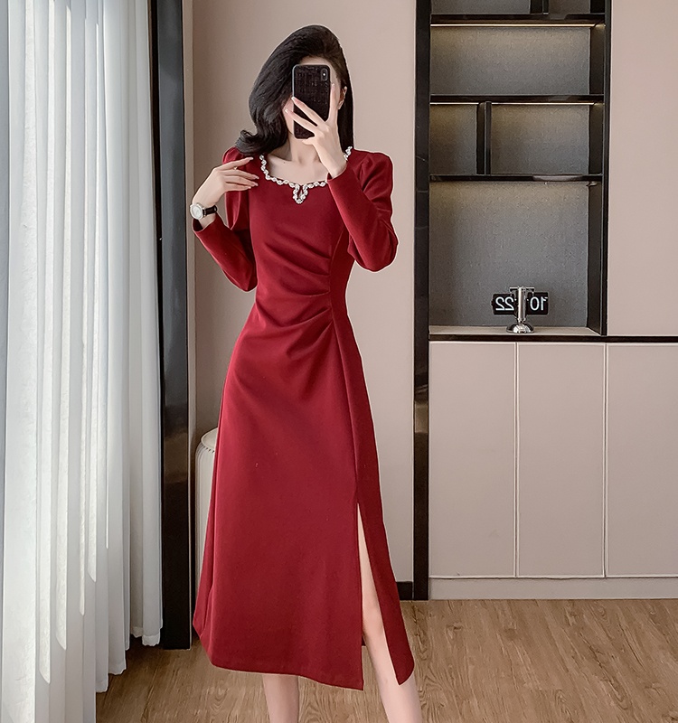 Long square collar slim elasticity France style fold dress