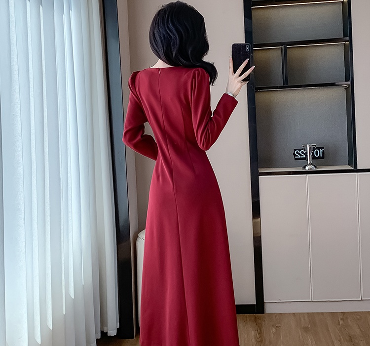 Long square collar slim elasticity France style fold dress