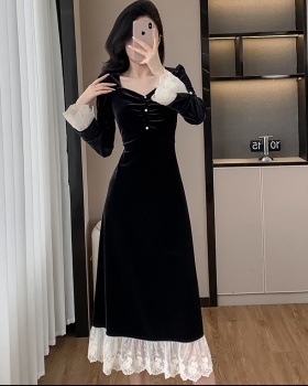 Lady velvet long France style lace square collar autumn dress