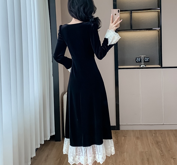 Lady velvet long France style lace square collar autumn dress