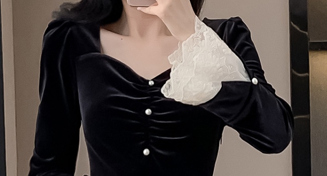 Lady velvet long France style lace square collar autumn dress