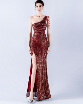 Shoulder beading formal dress sequins evening dress