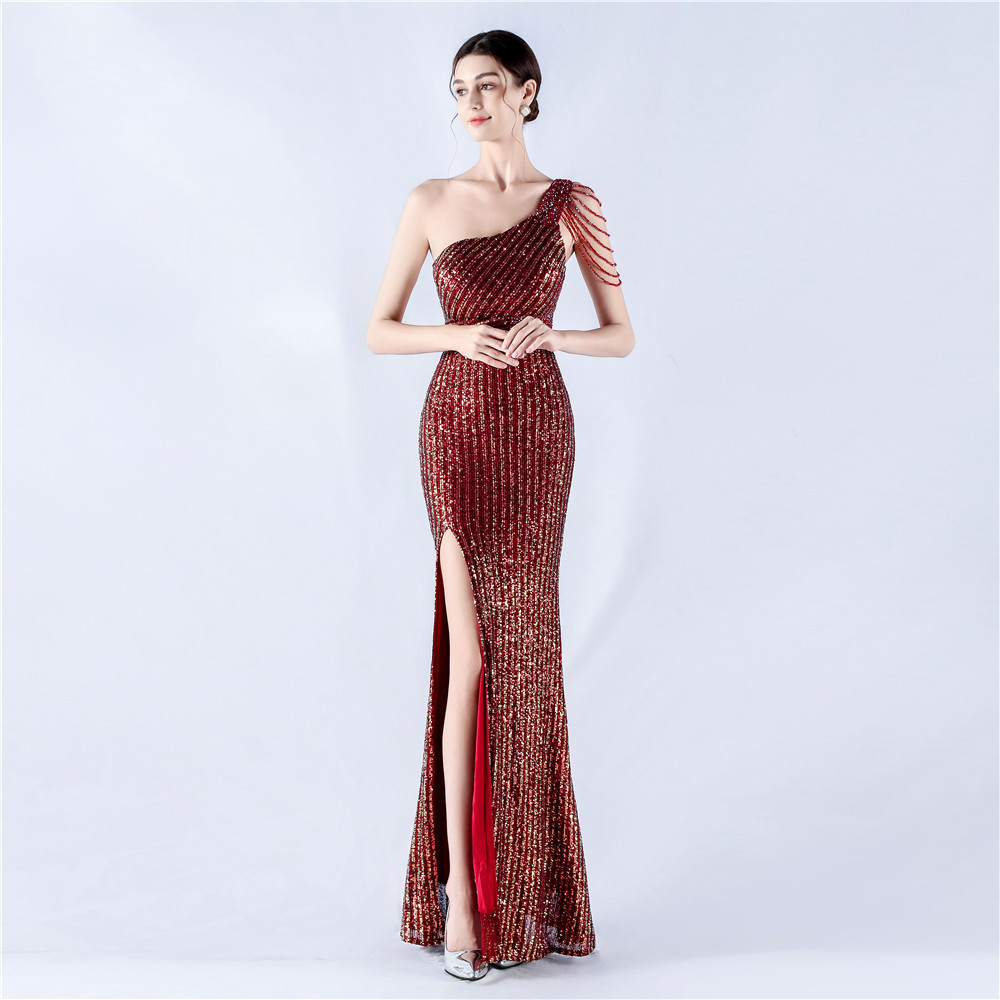 Shoulder beading formal dress sequins evening dress