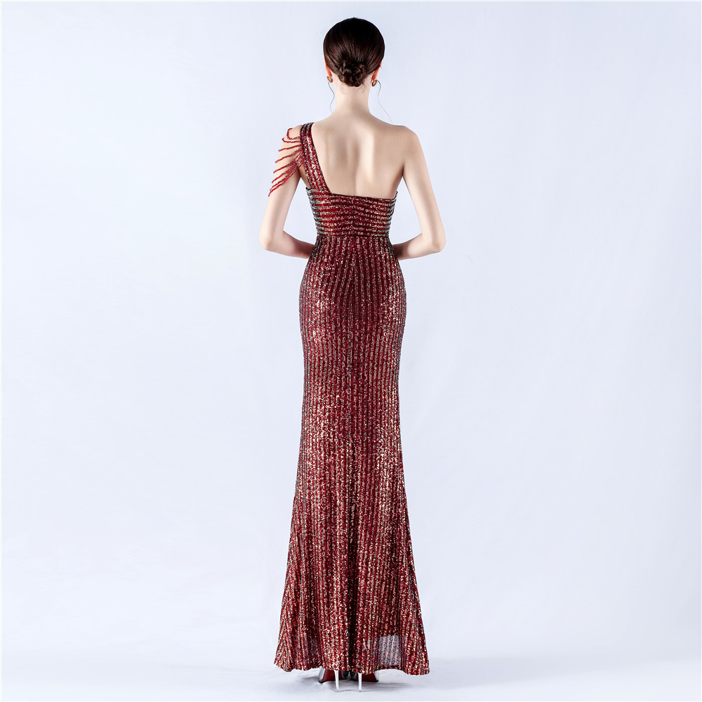 Shoulder beading formal dress sequins evening dress