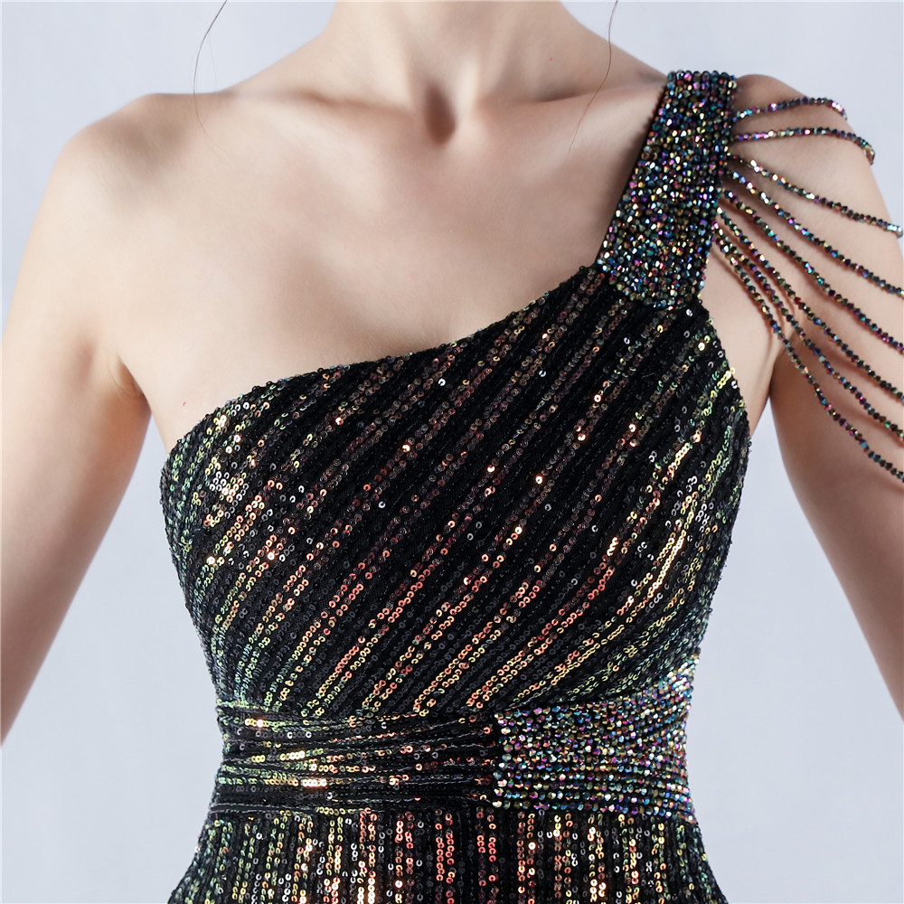 Shoulder beading formal dress sequins evening dress