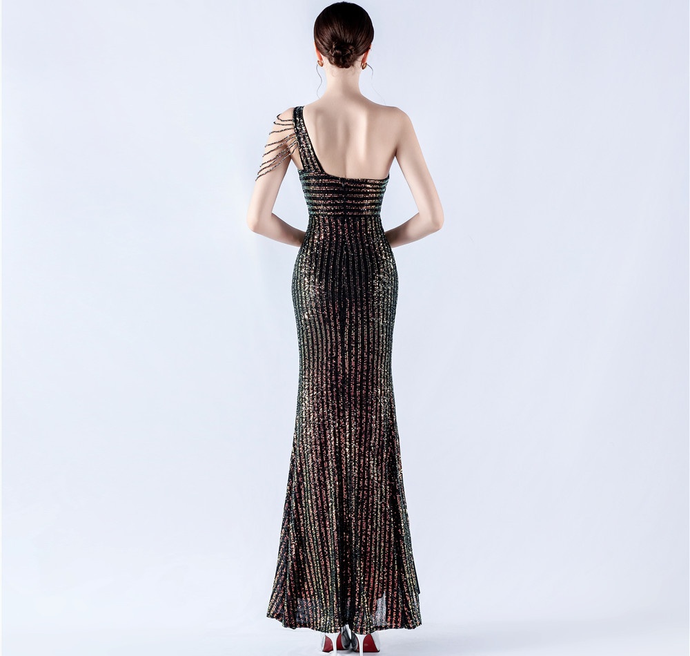 Shoulder beading formal dress sequins evening dress