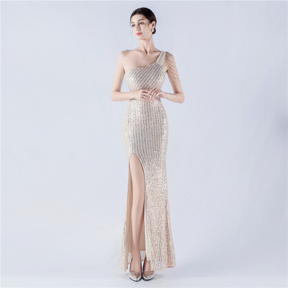 Shoulder beading formal dress sequins evening dress