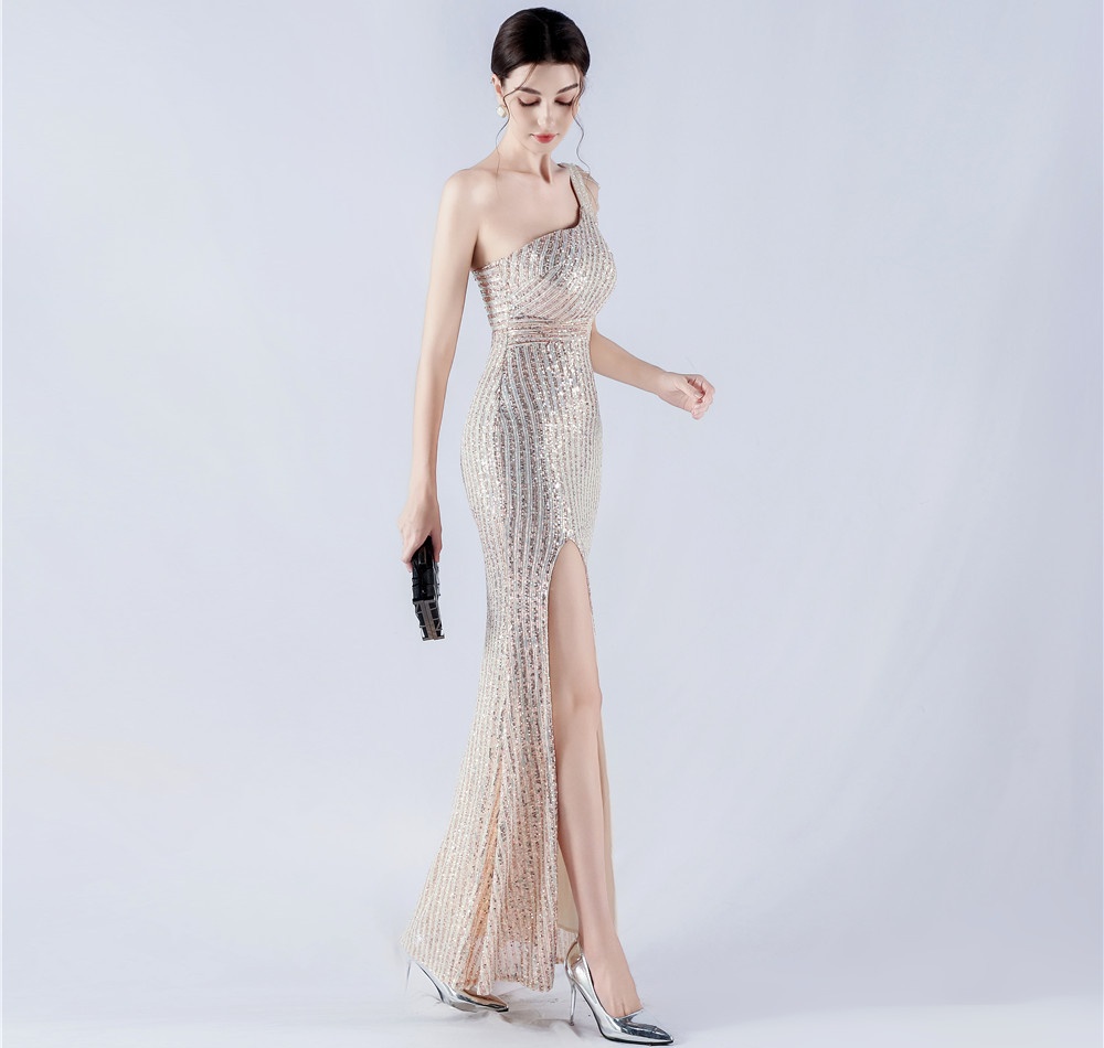 Shoulder beading formal dress sequins evening dress